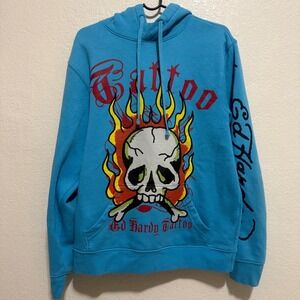 Ed Hardy Tattoo Blue Hoodie Flaming Skull Graphic Y2K Mens Small DEH NYC